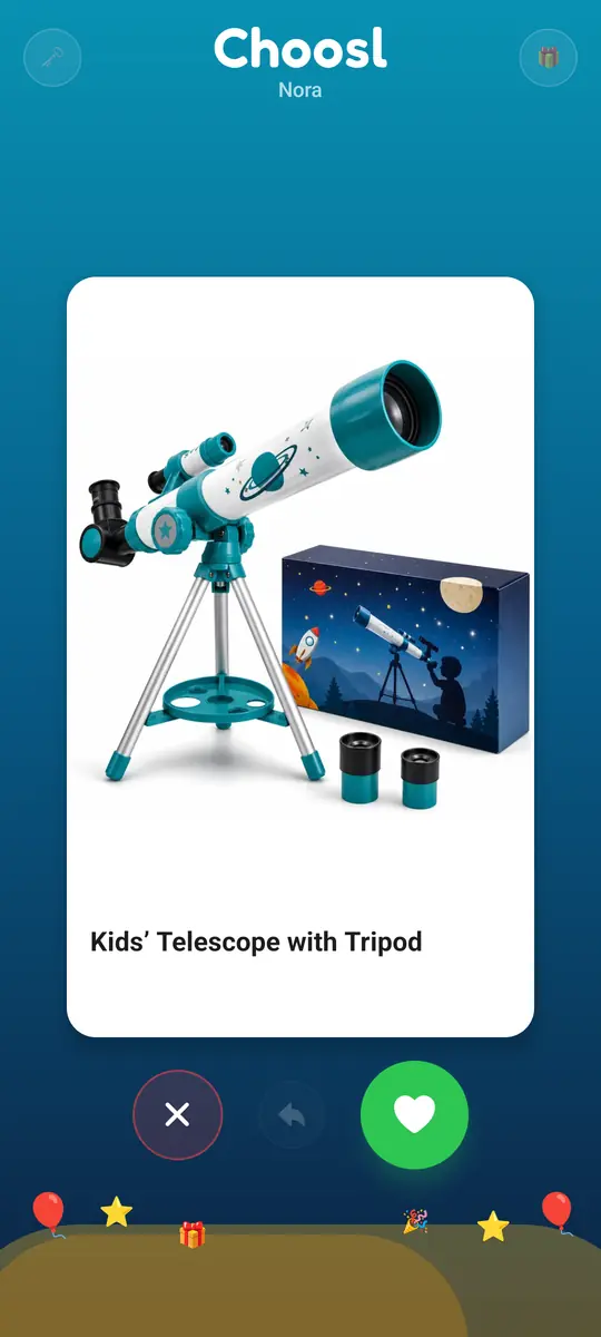 Le même écran pour un anniversaire : un ciel turquoise avec des ballons, des étoiles et des confettis.